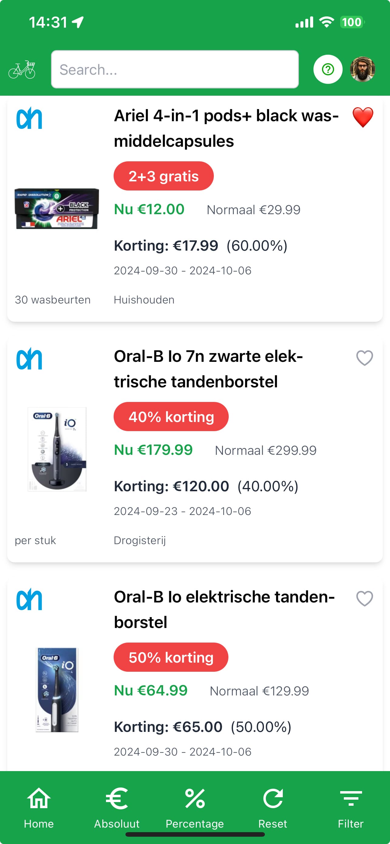 Schermafbeelding van de Omfietser-app met een prijsvergelijking tussen supermarkten