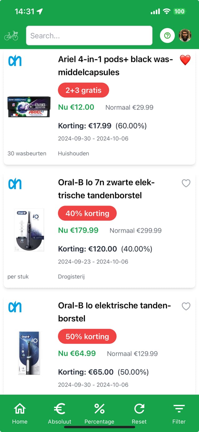 Omfietser app screenshot showing price comparison between supermarkets